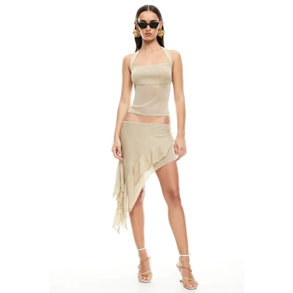 LIONESS Palisades Halter in Oyster XLarge New Womens Knit Gold Top
